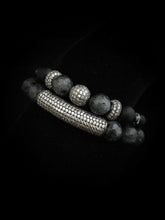 Load image into Gallery viewer, Go gaga for gunmetal ~ Swarovski crystal, larvikite and matte agate beaded bracelet set
