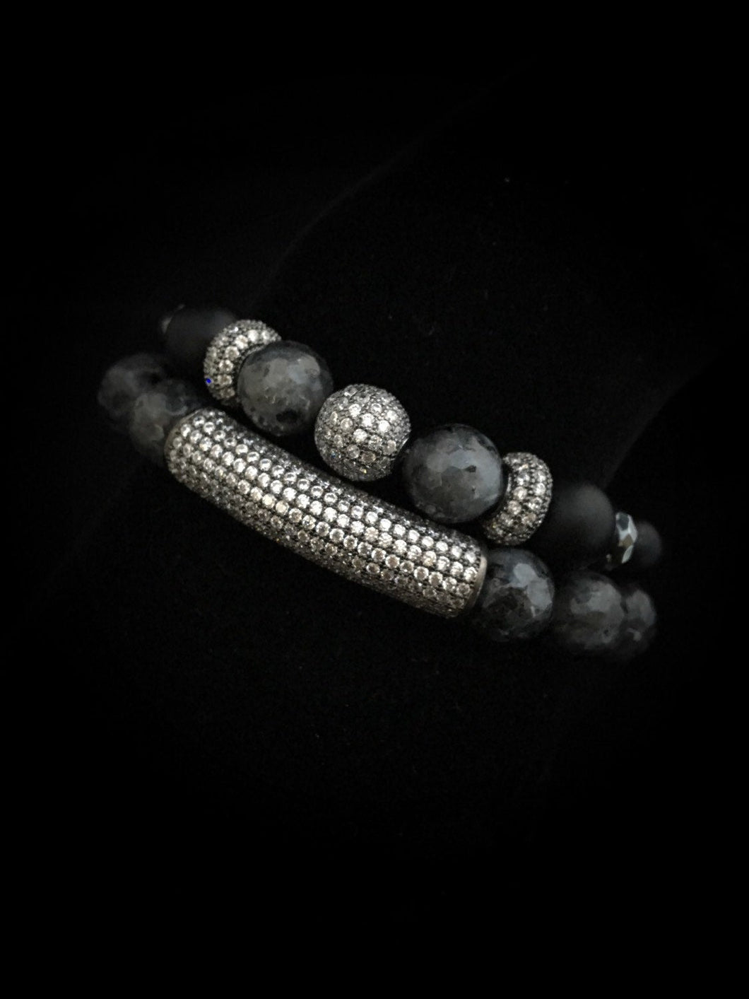 Go gaga for gunmetal ~ Swarovski crystal, larvikite and matte agate beaded bracelet set