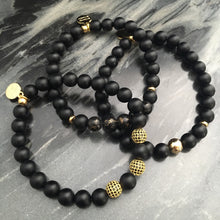 Load image into Gallery viewer, Mens gold/black crystal &amp; matte agate beaded stretch bracelet
