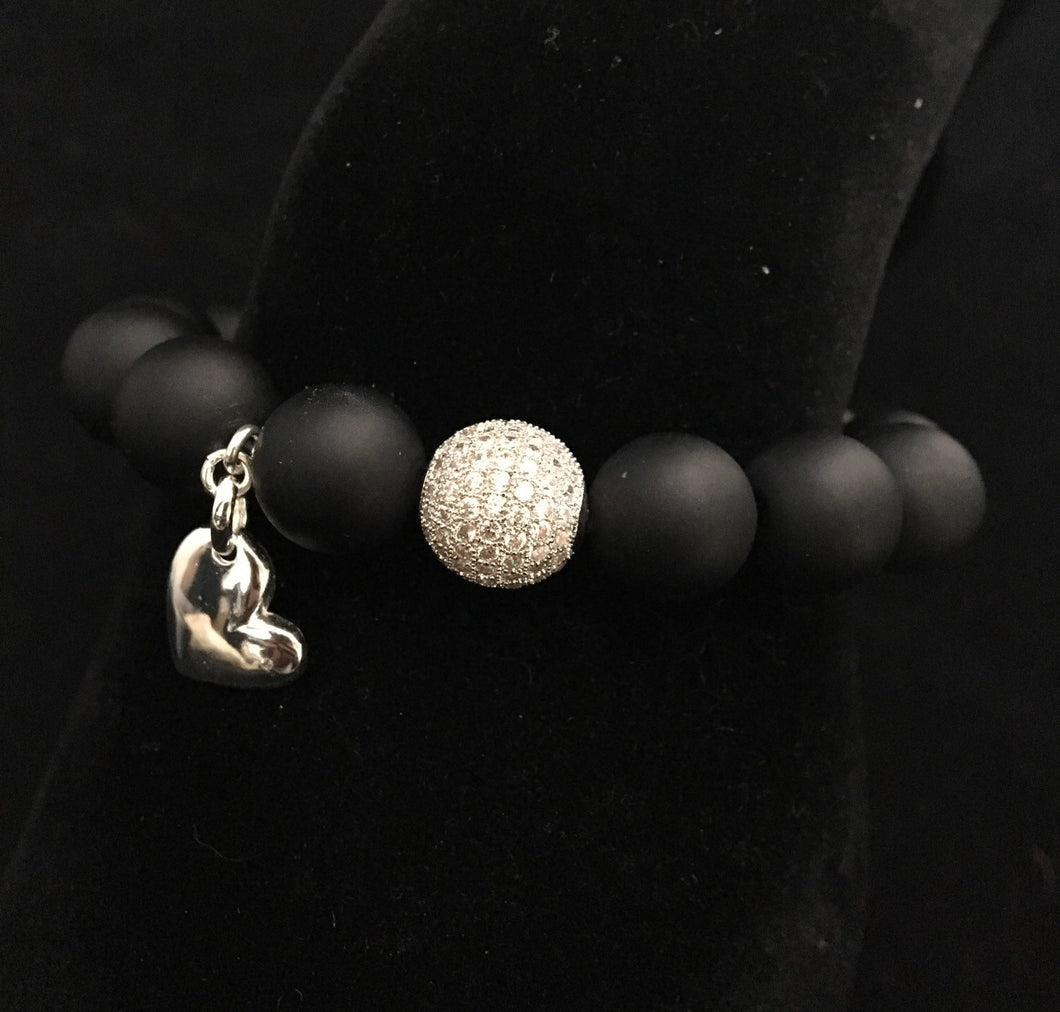 Give her your heart~ womens matte agate beaded bracelet with solid sterling silver heart & tiny diamond charm