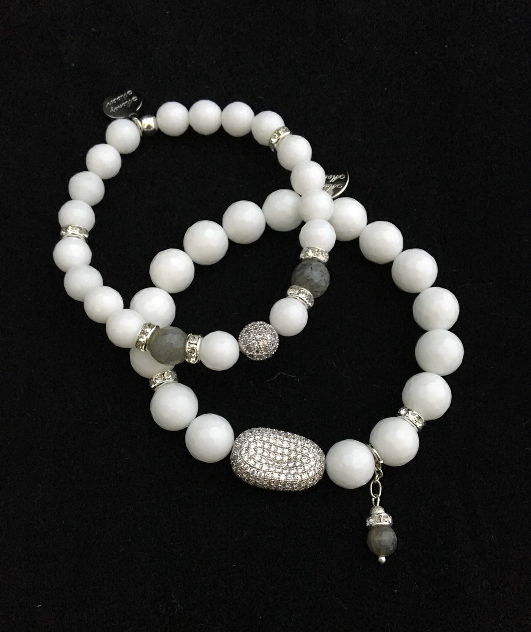 Shine on girl ~ micro pave crystal, white agate and labradorite beaded bracelet set