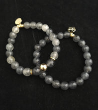 Load image into Gallery viewer, 14k gold and cloudy gray quartz beaded bracelet set
