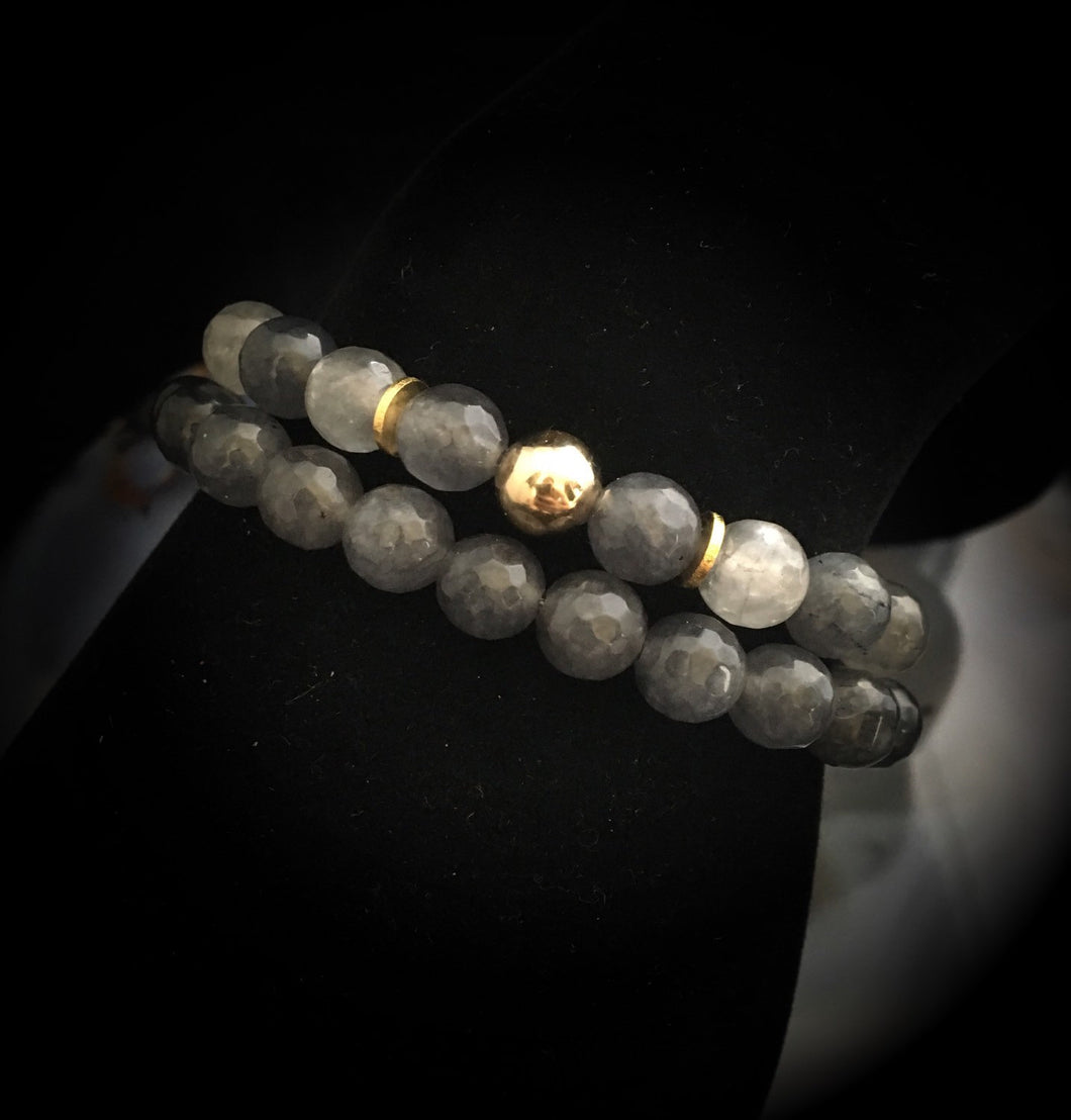 14k gold and cloudy gray quartz beaded bracelet set