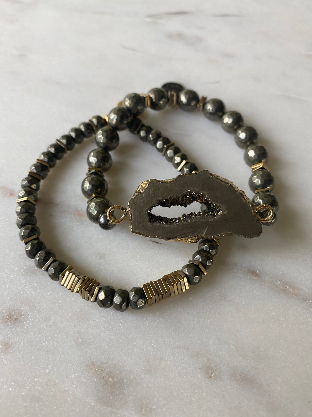 Pyrite druzy agate bracelet set